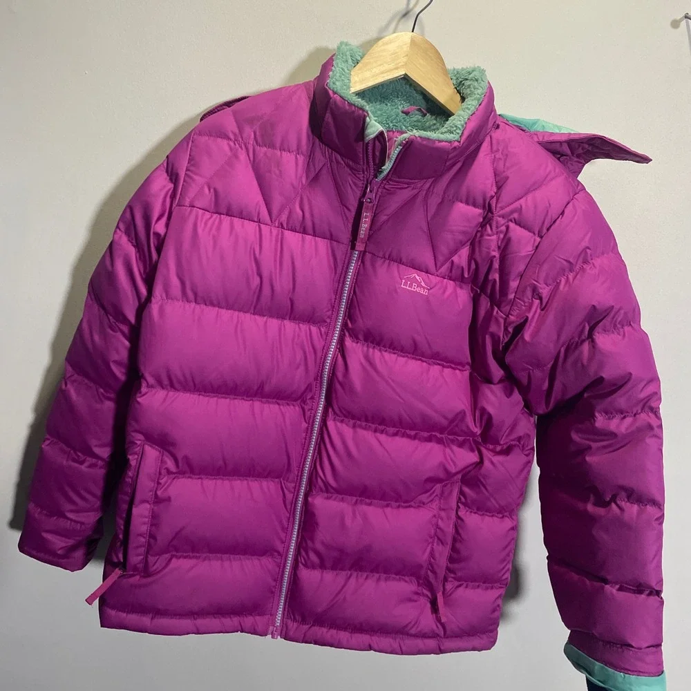 LL Bean Kids XL 18 Puffer Jacket Magenta Purple Fleece Lined Hooded Winter‎ Coat